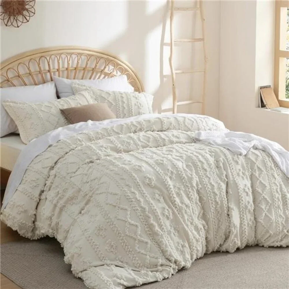 NEW Anthro Beige Boho King / Queen Size Tufted Fringe Bedding Duvet & Sham Set